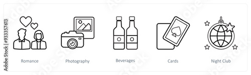 A set of 5 travel and vacation icons such as romance, photography, beverages