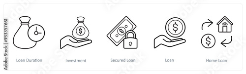 A set of 5 loan icons such as loan duration, investment