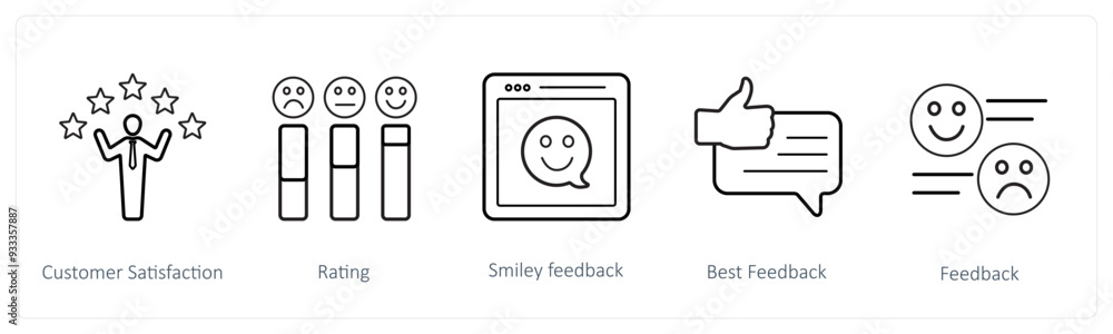 A set of 5 survey and ratings icons such as customer satisfaction, rating A set of 5 survey and ratings icons such as customer satisfaction, rating