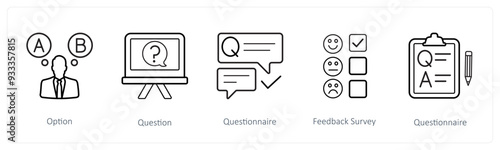 A set of 5 survey and ratings icons such as option, question, questionnaire