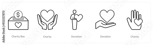 A set of 5 crowdfunding and donation icons such as charity box, charity