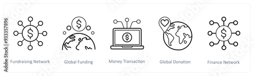 A set of 5 crowdfunding and donation icons such as fundraising network, global funding