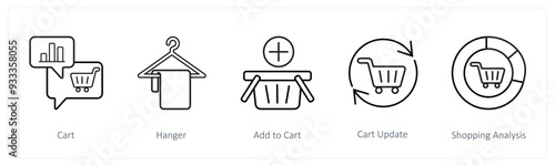 A set of 5 ecommerce and shopping icons such as cart, hanger, add to cart