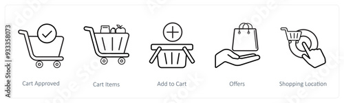 A set of 5 ecommerce and shopping icons such as cart approved, cart items