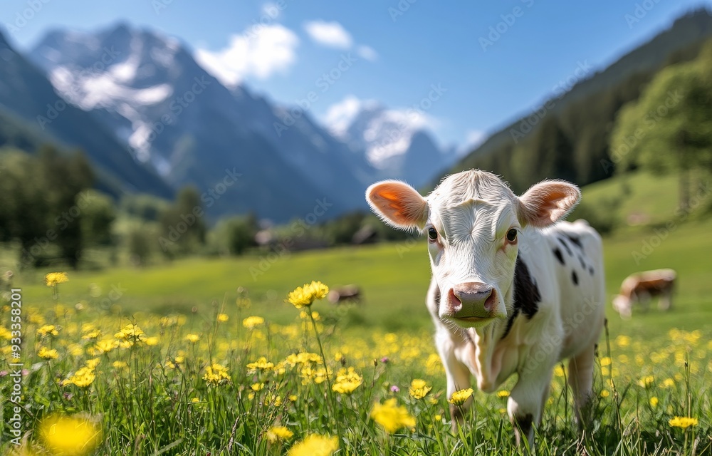 A playful calf grazes in a verdant meadow with mountains in the background at dawn A playful calf grazes in a verdant meadow with mountains in the background at dawn