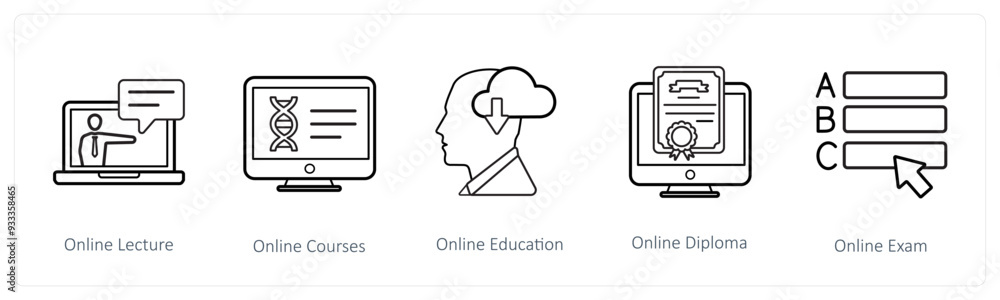A set of 5 online education icons such as online lecture, online courses A set of 5 online education icons such as online lecture, online courses