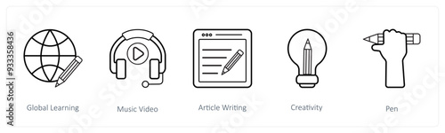 A set of 5 online education icons such as global learning, music video