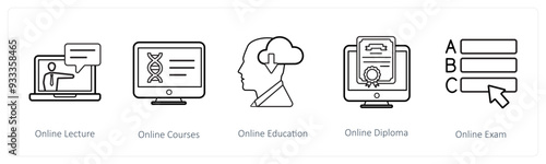 A set of 5 online education icons such as online lecture, online courses