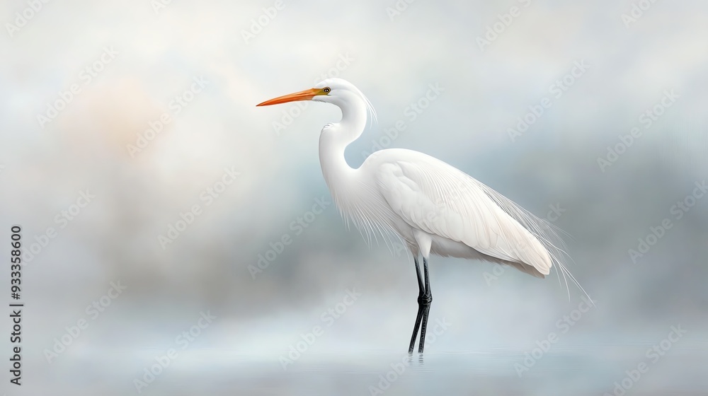 A serene white bird stands gracefully in a misty landscape, embodying tranquility and natural beauty. A serene white bird stands gracefully in a misty landscape, embodying tranquility and natural beauty.
