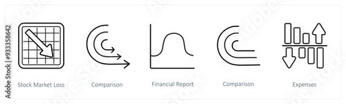 A set of 5 diagram and report icons such as stock market loss, comparison