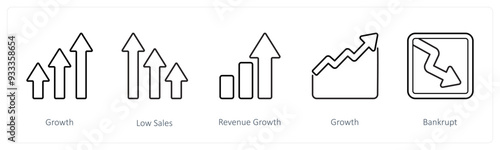 A set of 5 diagram and report icons such as growth, low sales