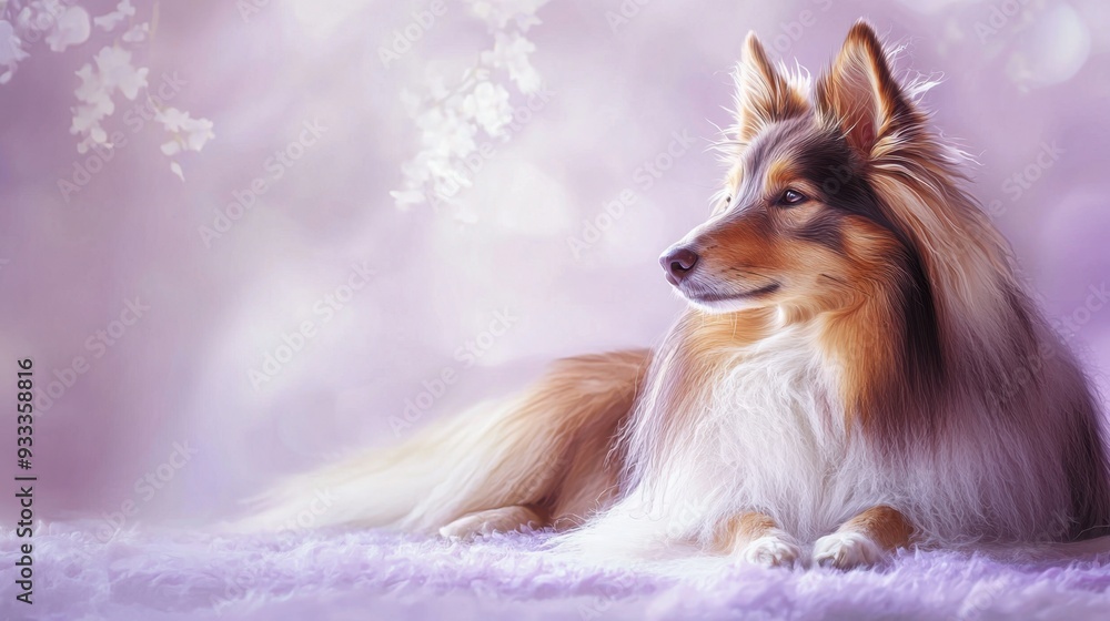 Naklejka premium Sable Sheltie in Pastel Serenity, A serene sable Sheltie with flowing fur sits peacefully against a soft pastel lavender backdrop, inviting calm and tranquility for a fresh ambiance.