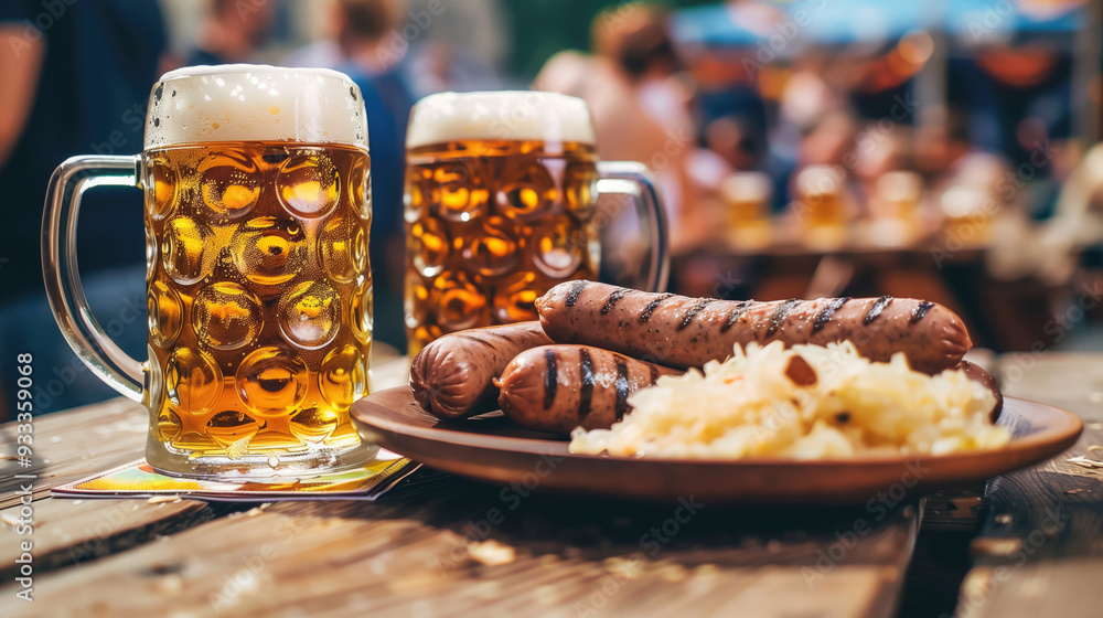 Horizontal Oktoberfest banner with two beer mugs and plate with Bavarian sausages and sauerkraut on a wooden table. HD format and copy space. Natural daylight, blurred background with people. Horizontal Oktoberfest banner with two beer mugs and plate with Bavarian sausages and sauerkraut on a wooden table. HD format and copy space. Natural daylight, blurred background with people.