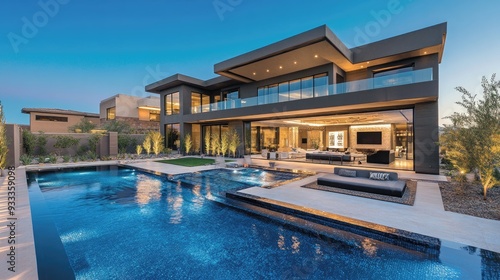 Large modern house with a pool and patio area. Exterior is dark gray. Landscaped yard.