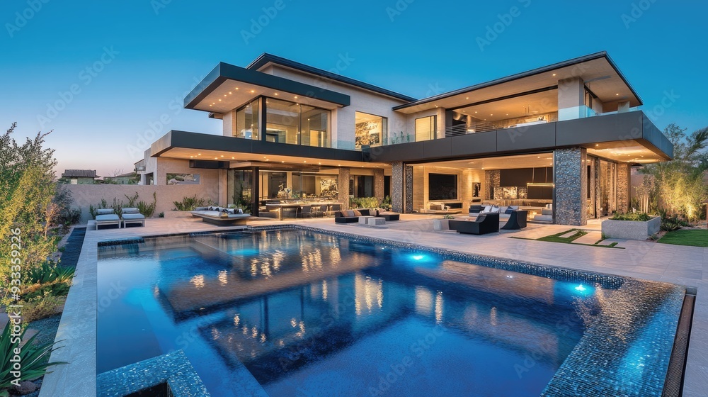 Fototapeta premium Modern luxury home with a swimming pool and patio at twilight.