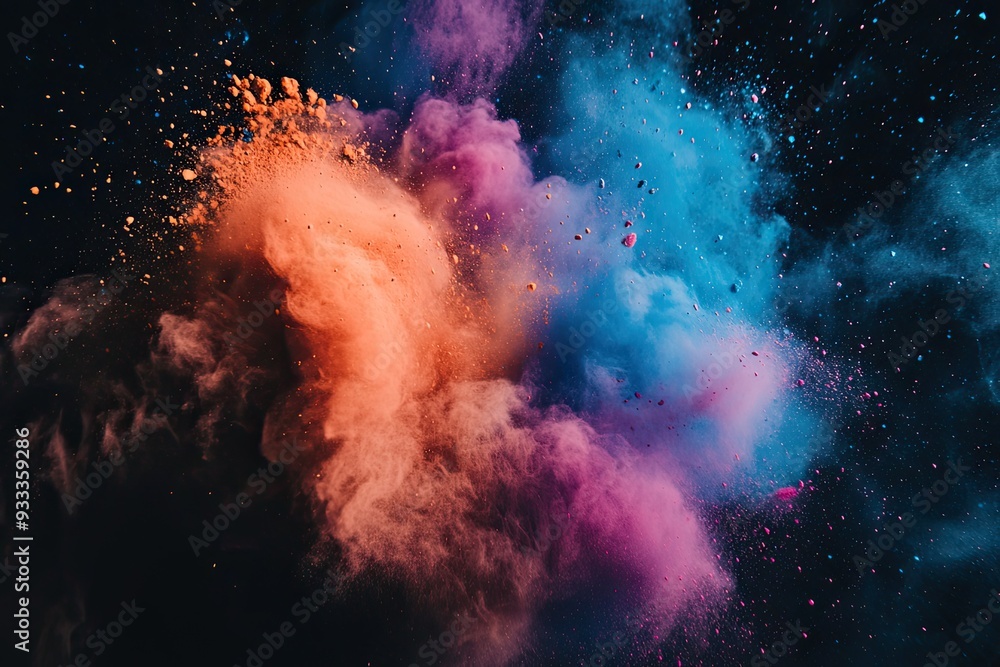 Obraz premium Colored powder explosion Abstract closeup dust on backdrop Colorful explode