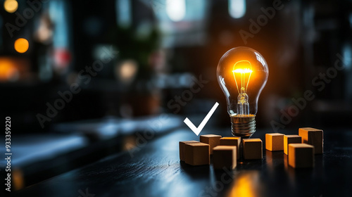A light bulb illuminating a set of wooden blocks, with a prominent checkmark next to it, symbolizing the fruition of a successful concept