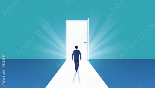 vector concept illustrating a business opportunity or career success, featuring a man confidently walking through a door bathed in light. This symbolic image suggests a promising future and new beginn