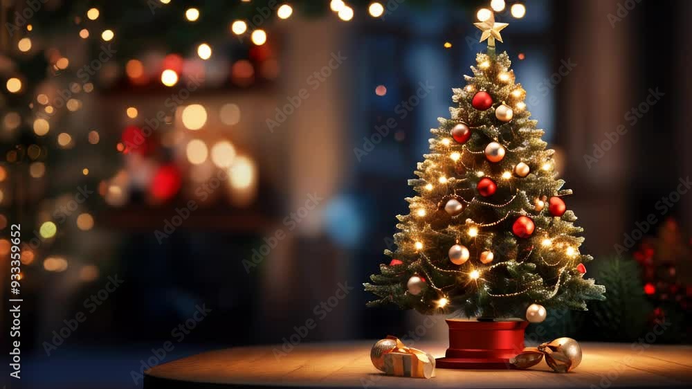 A Christmas card with a fir tree, balls and lights and a copy space A Christmas card with a fir tree, balls and lights and a copy space