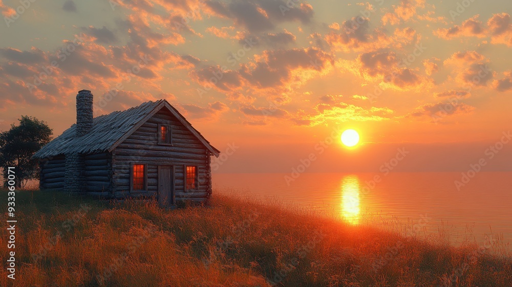 A serene sunset over a tranquil lake with a rustic cabin. A serene sunset over a tranquil lake with a rustic cabin.