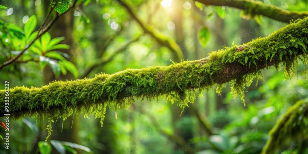 Closeup of moss covered tree branch in lush tropical forest with abundance of green leaves in spring day , tree, branch, moss Closeup of moss covered tree branch in lush tropical forest with abundance of green leaves in spring day , tree, branch, moss