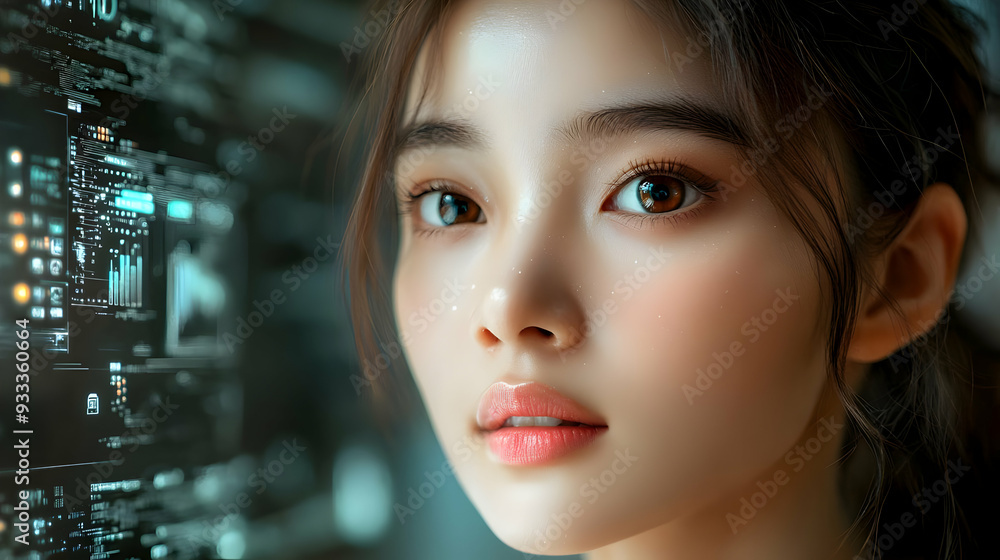Close-up of a young woman's face with soft, natural makeup, looking intently at something, possibly a computer screen, with a blurred digital interface behind her. Close-up of a young woman's face with soft, natural makeup, looking intently at something, possibly a computer screen, with a blurred digital interface behind her.