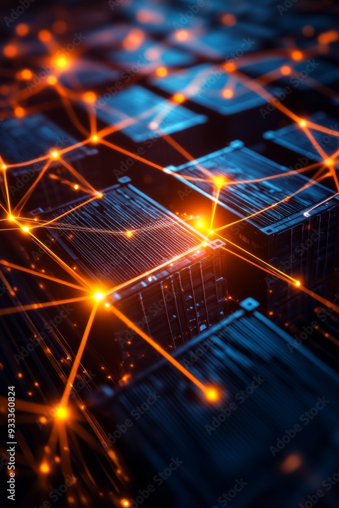 Fototapeta premium Abstract digital network with glowing nodes and connected lines, representing data communication and technology innovation.