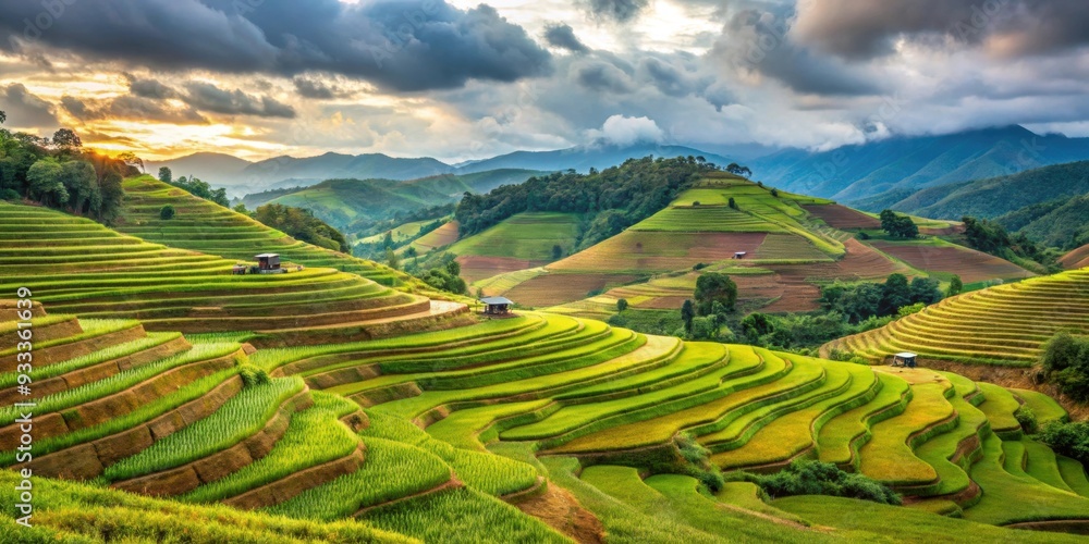 Obraz premium Agricultural terraces on mountains in Chiangrai province, mountain, agriculture, farm, rural, landscape, crops, fields