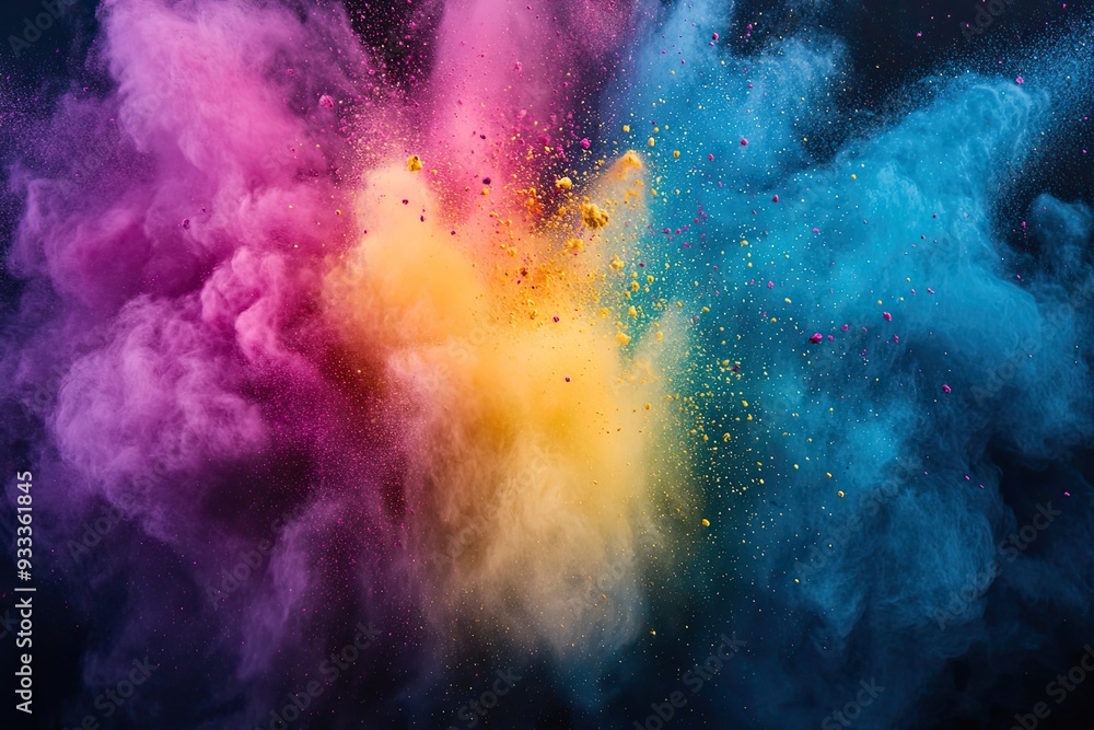 Fototapeta premium Colored powder explosion Abstract closeup dust on backdrop Colorful explode