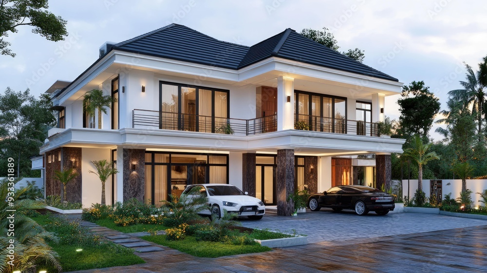 Modern two-story house with a driveway and a walkway leading to the front door, surrounded by lush greenery. Modern two-story house with a driveway and a walkway leading to the front door, surrounded by lush greenery.