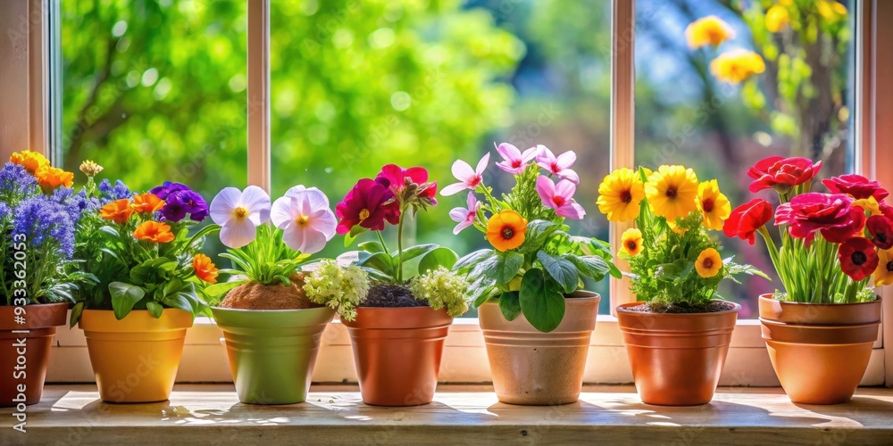 Fototapeta premium Vibrant flower pots on a window sill filled with colorful blossoms, window sill, flower pots, vibrant, blossoms, colorful