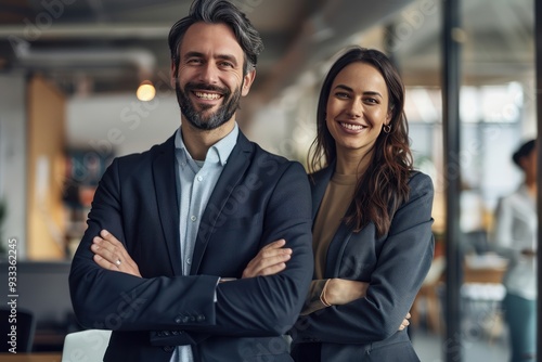 Professional office portrait of smiling business man and woman standing together.