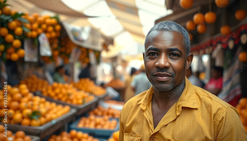 A black man stands in front of a neatly arranged display of oranges, surrounded by a lively farmers' market scene A black man stands in front of a neatly arranged display of oranges, surrounded by a lively farmers' market scene