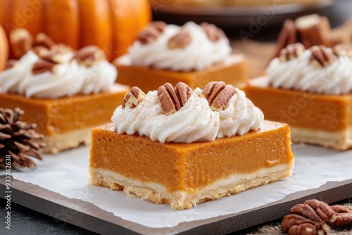 Pumpkin dessert bars topped with whipped cream and cinnamon in a cozy fall se...