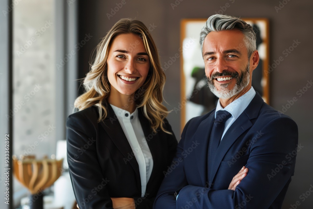 Professional office portrait of smiling business man and woman standing together. Professional office portrait of smiling business man and woman standing together.