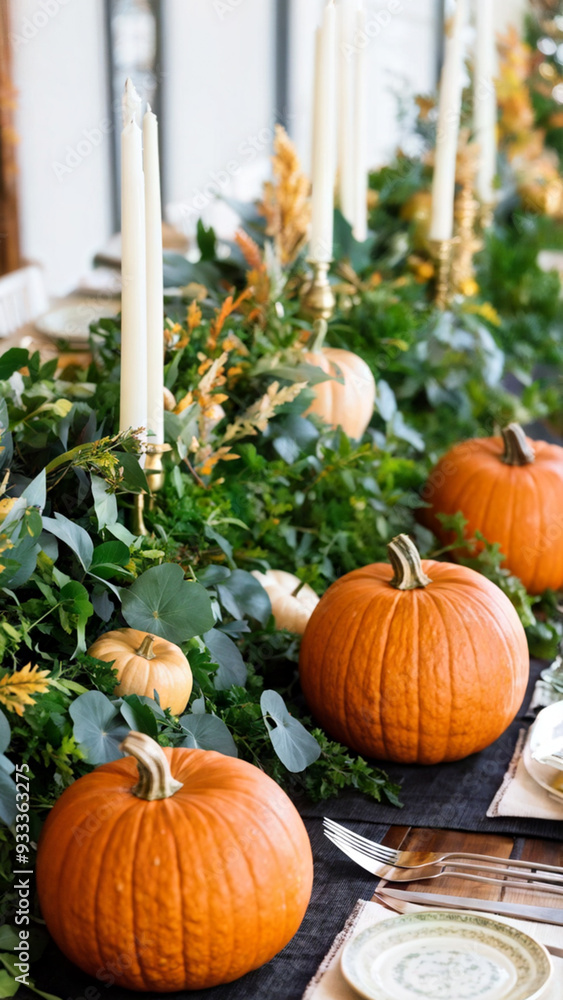 Autumn Thanksgiving Table with Organic Pumpkin and Foliage Autumn Thanksgiving Table with Organic Pumpkin and Foliage
