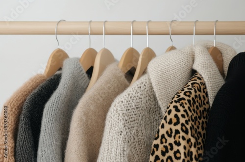 Soft sweaters hanging on a wooden rack against a light wall