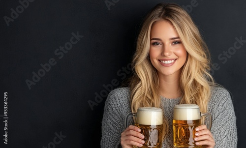 Young woman cheerfully holds two mugs of beer against a dark background in a ...