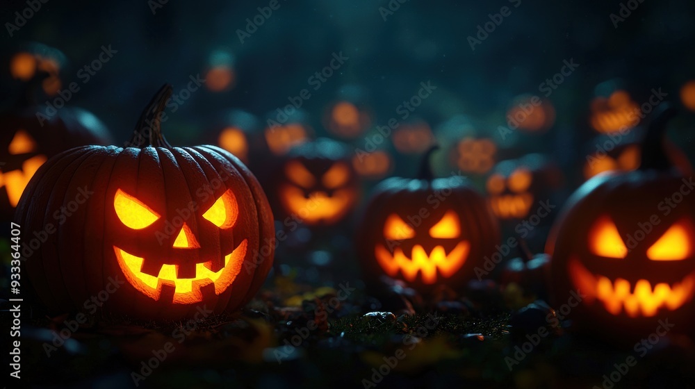 Spooky Witch's Lair with Glowing Pumpkins in Cartoon Style, Halloween Background Design with Copy Space for Text, Quality Spooky Witch's Lair with Glowing Pumpkins in Cartoon Style, Halloween Background Design with Copy Space for Text, Quality