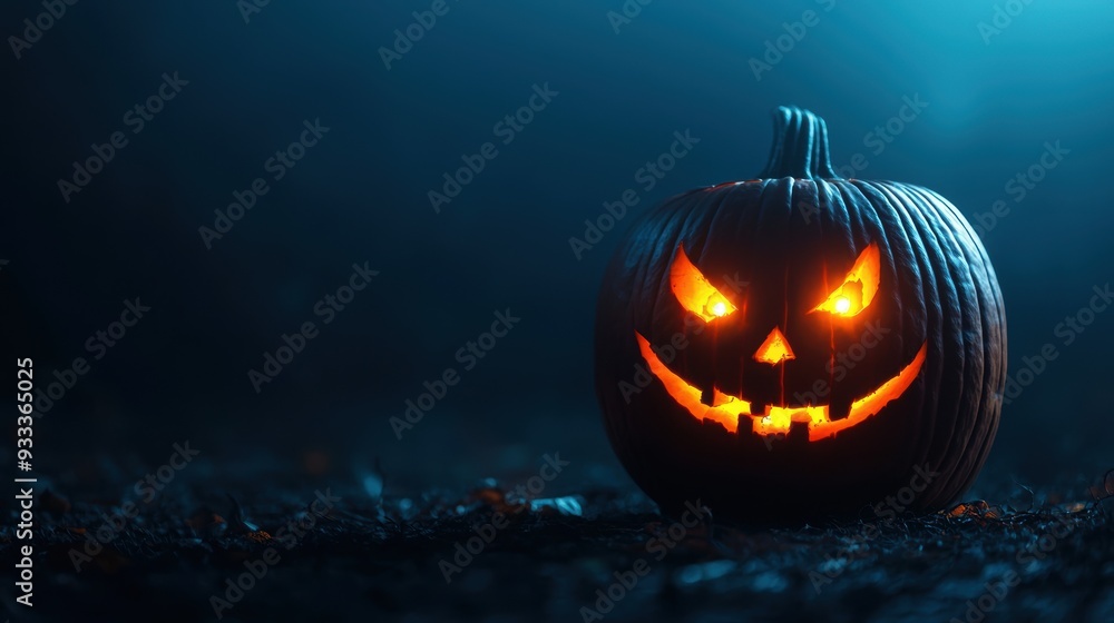 Sinister Glowing Pumpkin in Dark Room with Copy Space, Selective Focus, Ultra HD Sinister Glowing Pumpkin in Dark Room with Copy Space, Selective Focus, Ultra HD