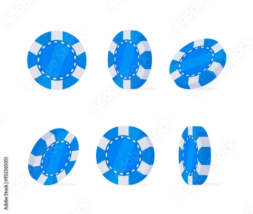 Six blue casino chips rotating slowly, gleaming under light, representing different aspects of gambling excitement. Vibrant hues catch the eye, symbolizing luck and fortune