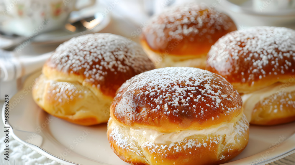 donuts with icing sugar, Indulgent Cream-Filled Brioche Buns Sprinkled with Powdered Sugar donuts with icing sugar, Indulgent Cream-Filled Brioche Buns Sprinkled with Powdered Sugar