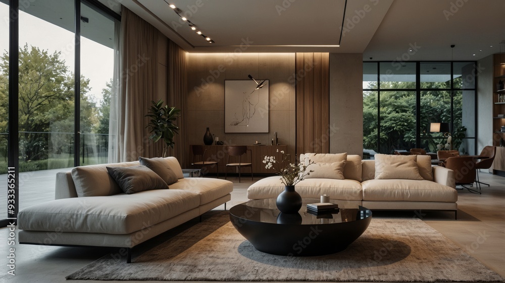 Fototapeta premium minimalist modern living room separated by a glass partition