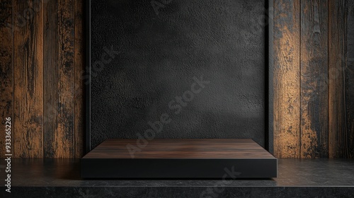 Modern Industrial Display, showcasing a cosmetic product on a square wooden podium with blackened metal edges, set in a warm, inviting industrial loft atmosphere.