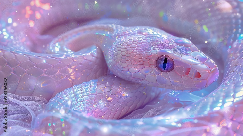 Fototapeta premium Shiny snake, surreal minimalism, ethereal dreamlike atmosphere, soft pastel colours accented with shimmering glitter.