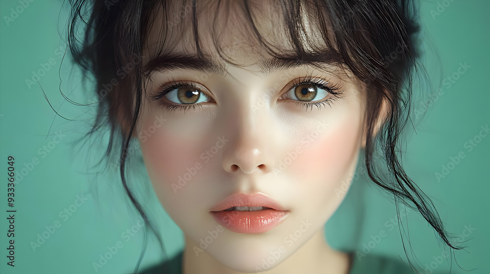 Close-up portrait of a young woman with brown hair and green eyes, looking directly at the camera.