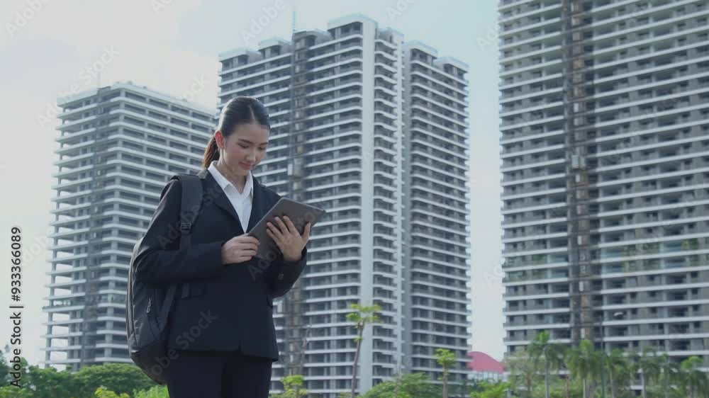 Asian business woman carrying briefcase working on tablet behind big building in city or condo concept of working in big city Asian business woman carrying briefcase working on tablet behind big building in city or condo concept of working in big city