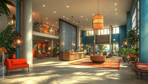 Bohemian Coastal Hotel Lobby Eclectic and Relaxed high detail