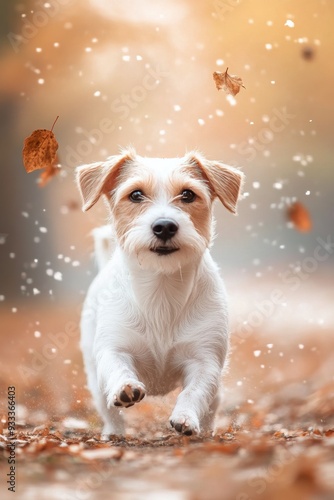 A playful dog runs through falling leaves in a sunny autumn park
