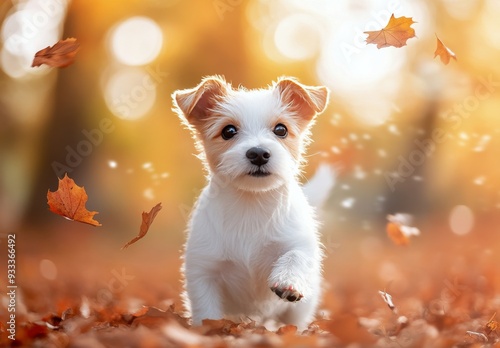 Small white dog joyfully runs through autumn leaves in a sunlit park